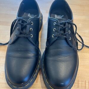 Dr. Martens Black Leather Flats with Yellow Stitching